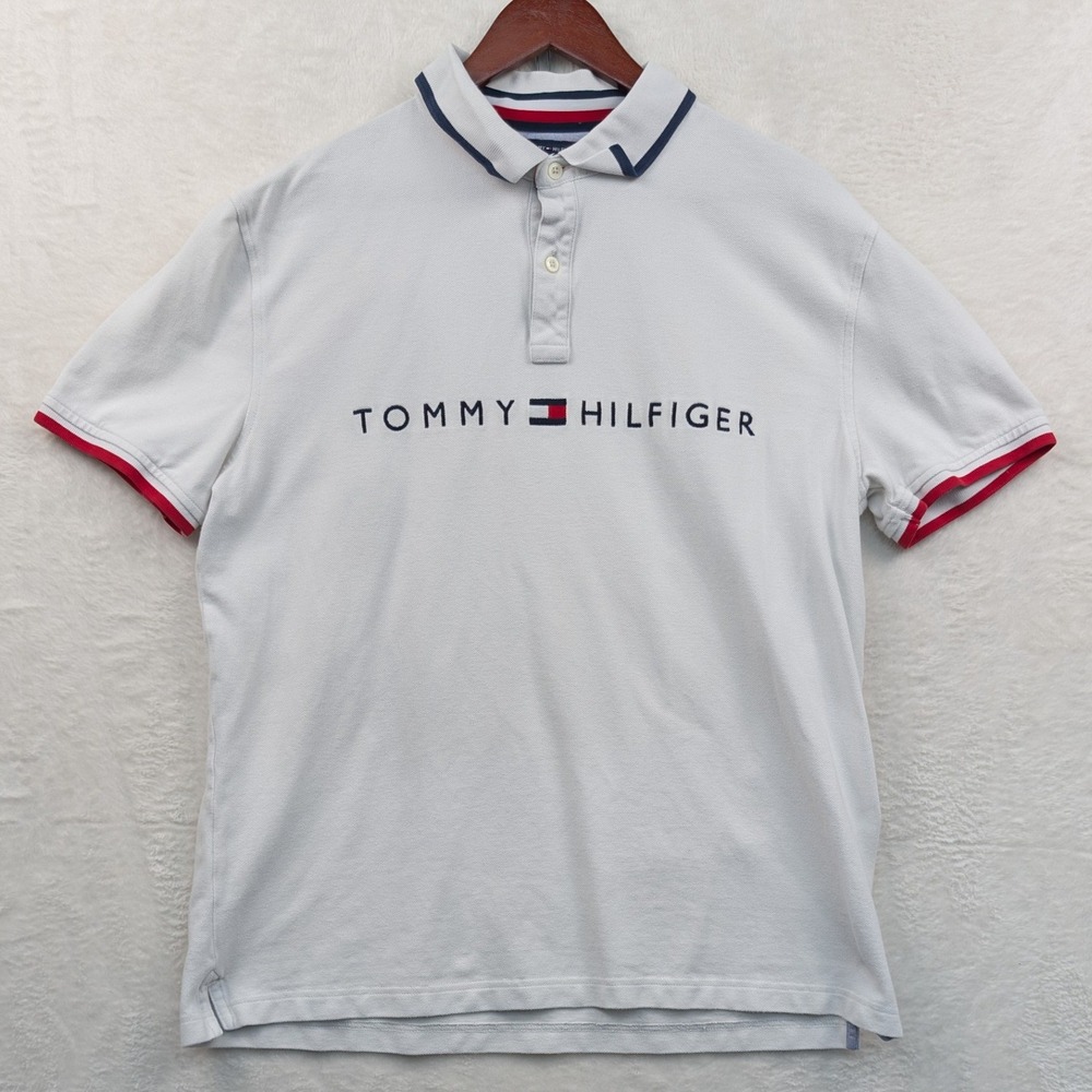 Tommy Hilfiger Polo Men's L White Embroidered Flag Logo Contrast Trim Preppy